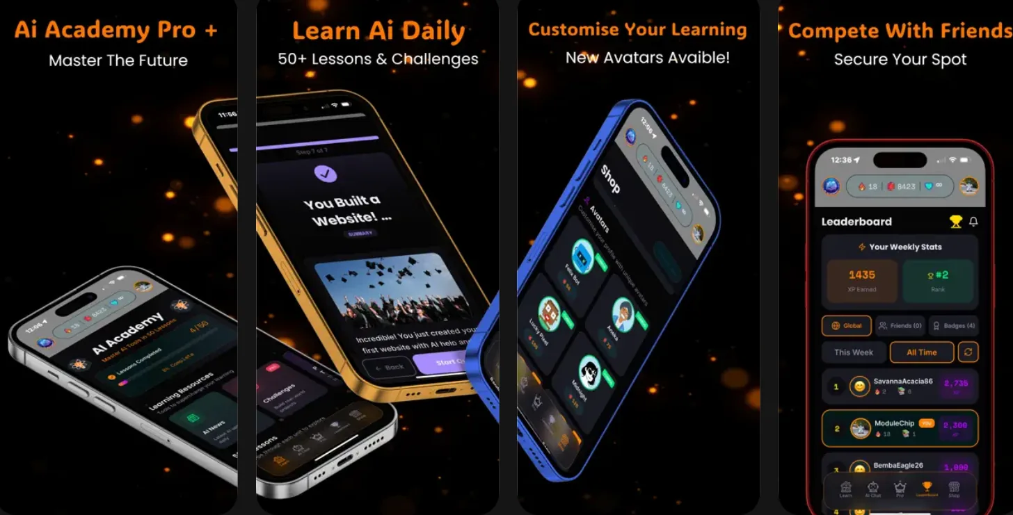 AI Academy Pro mobile app — AI courses, daily challenges and interactive modules on iOS and Android
