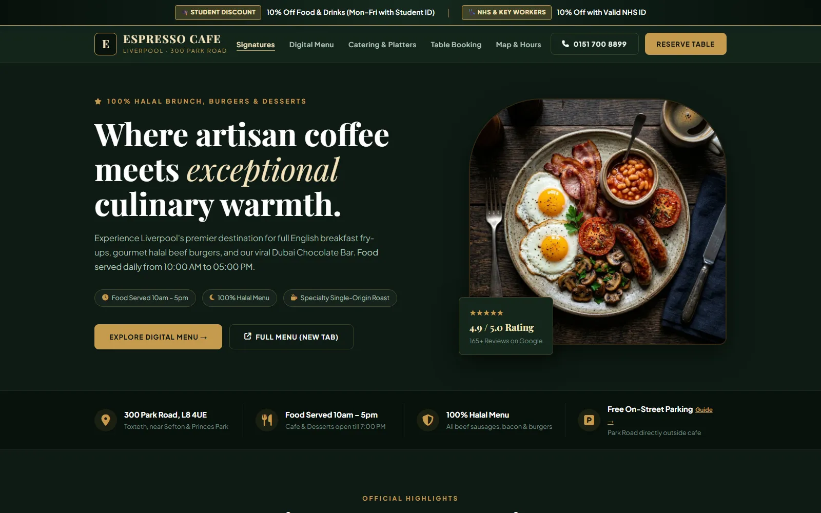 Espresso Cafe Liverpool website — halal all-day brunch café with a digital menu and table booking