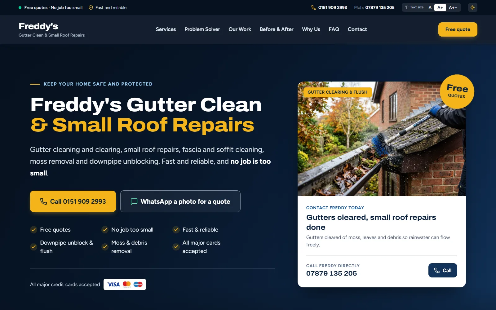 Freddy's Gutter Clean website — gutter clearing and small roof repairs with free quotes by phone or WhatsApp