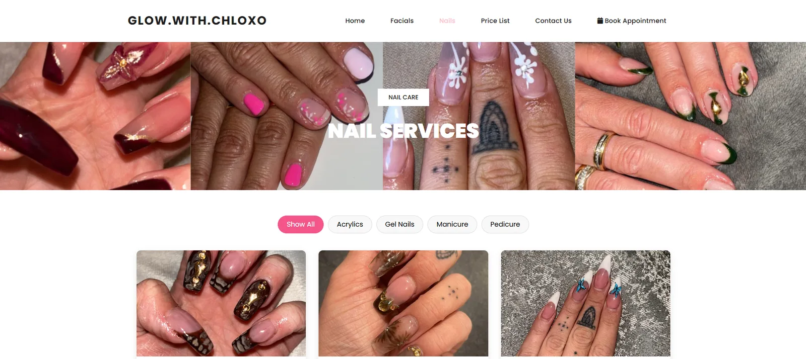 Glow Cosmetics beauty salon website — nail services gallery and appointment booking