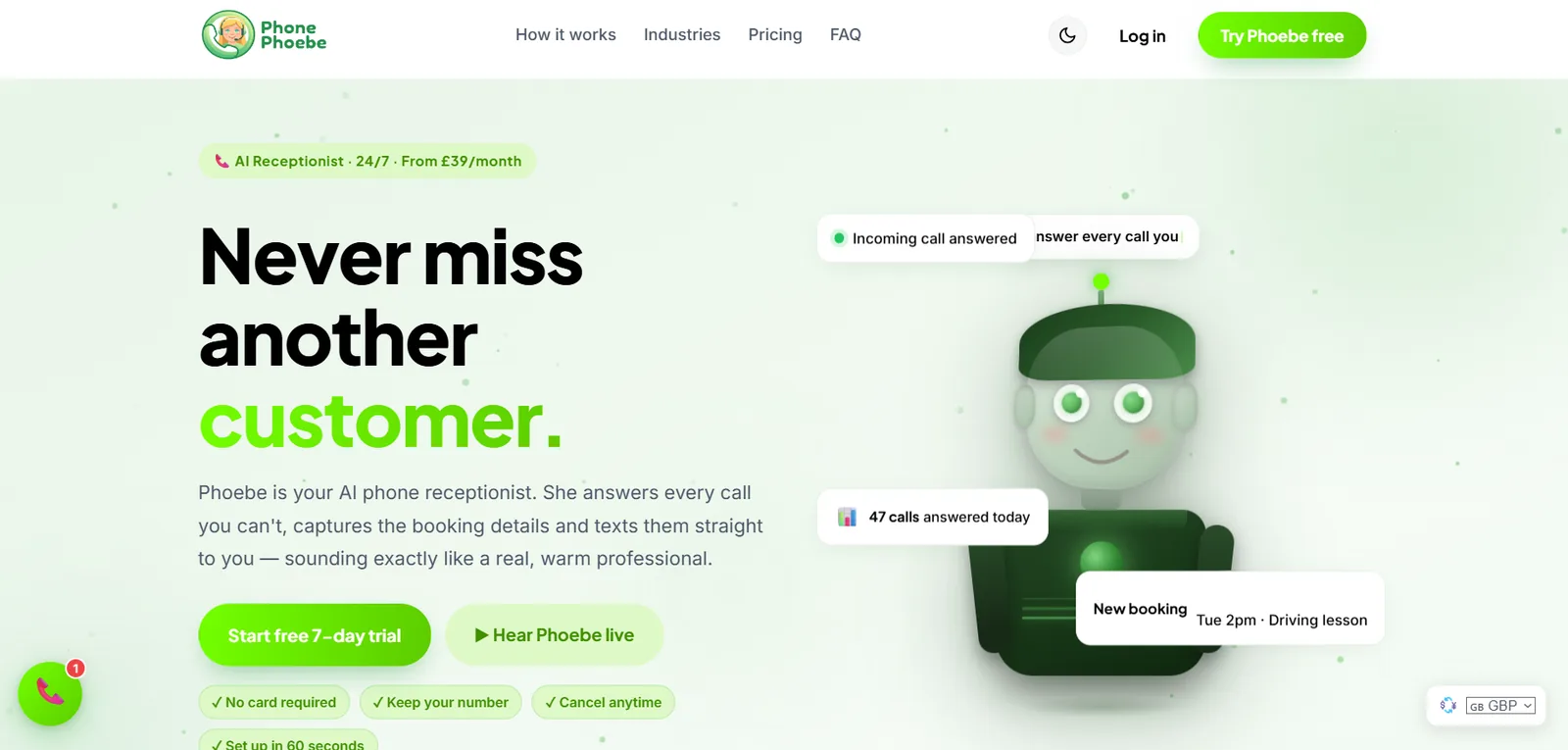 Phone Phoebe AI receptionist SaaS landing page with pricing and sign-up